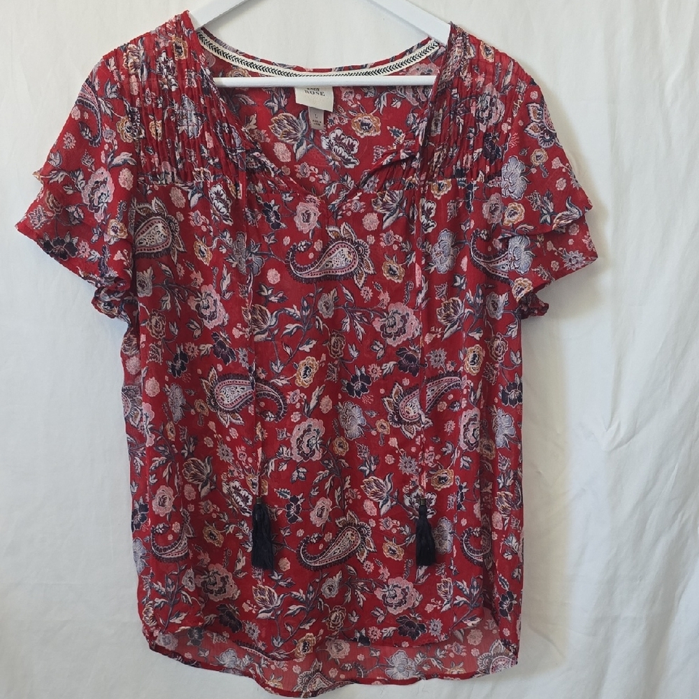Knox Rose Red Floral Paisley Boho Sheer Top Sz Large